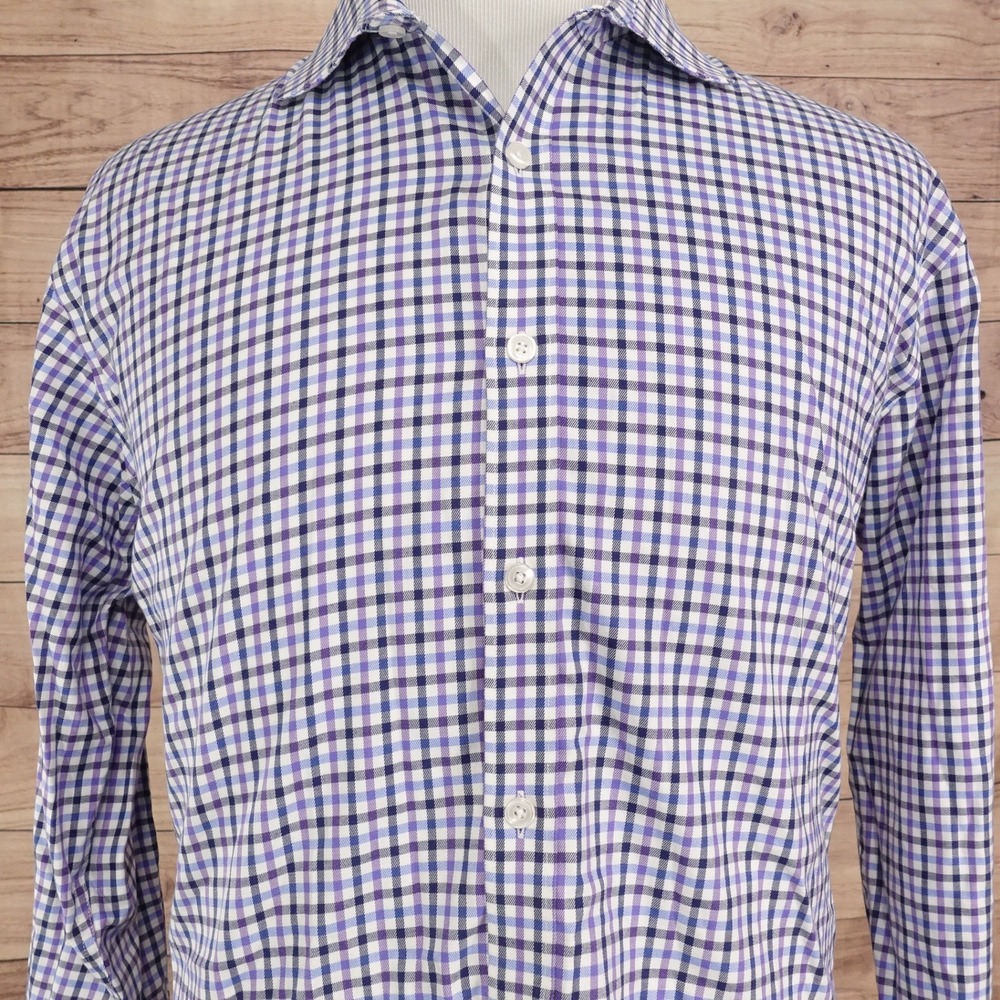 Esquire Dress Shirt Mens 17 34/35 Purple Gingham Excellent Performance Slim Fit